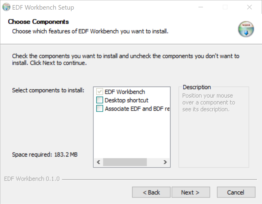 EDF Workbench installer component selection with optional desktop shortcut and EDF and BDF file association choices.